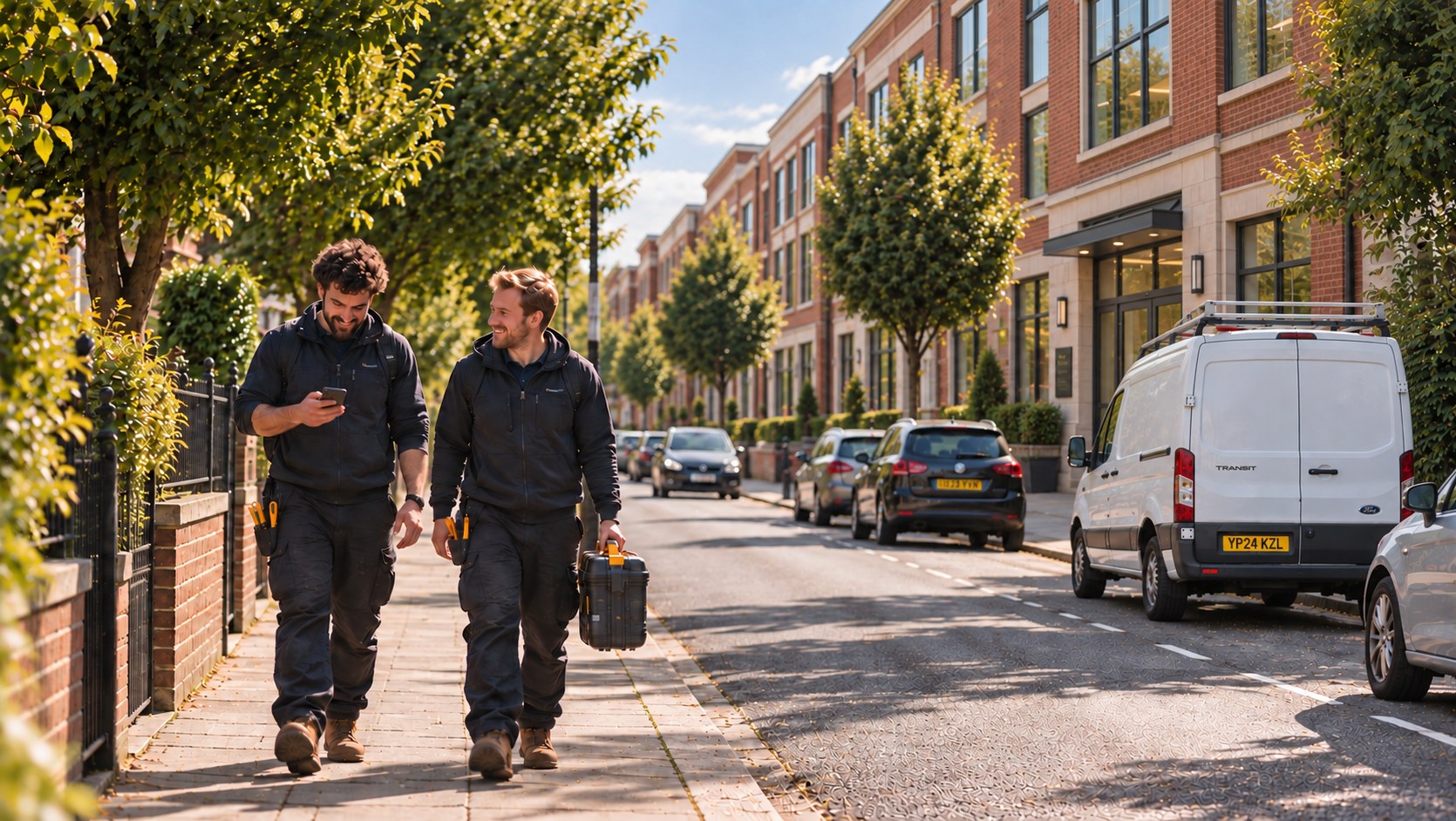 Two engineers walking down a London street towards their van, one checking his phone