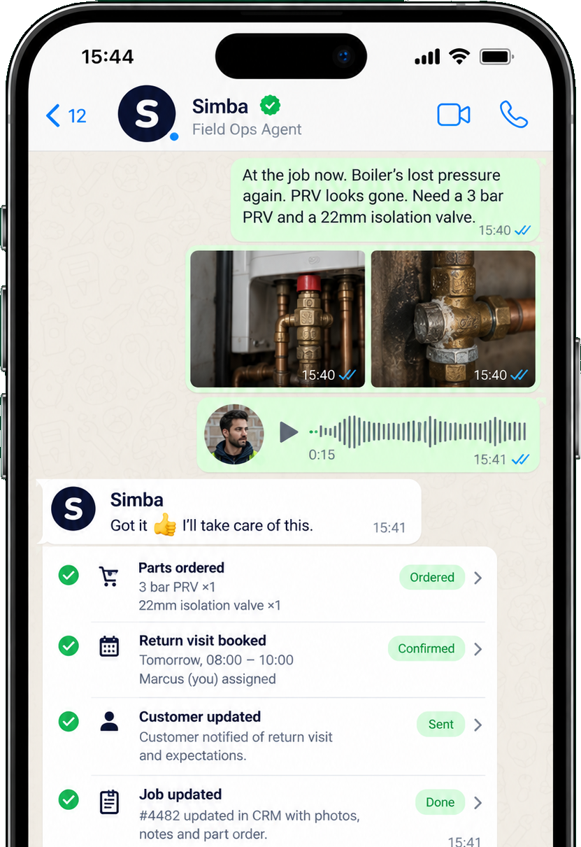 A WhatsApp chat: Marcus sends photos and a voice note from site, Simba orders the parts, books the return visit and updates the job
